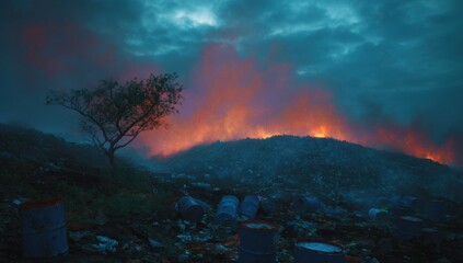 Fire rages through a landfill waste dump, with burning waste releasing hazardous fumes and creating a dramatic scene of environmental disaster