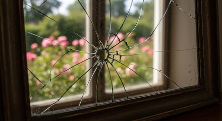 Broken window glass with cracks and blurred background