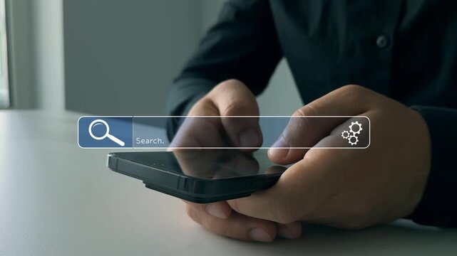 Person clicking internet search page on touch screen. Searching information on internet. SEO searching.