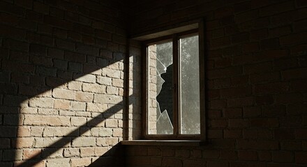Broken window with brick wall in a dark room sunlight and shadows