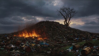A blazing fire breaks out at a landfill waste dump, threatening nearby areas