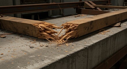 Broken wooden beam structure under test on concrete surface