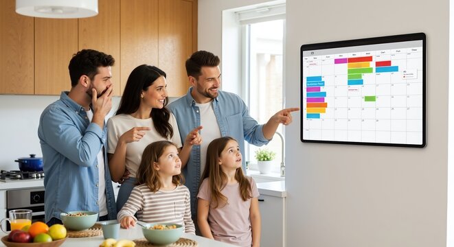 Happy family and friends planning their schedule on digital wall calendar. Group of people using smart home device in kitchen. Modern lifestyle and organization concept