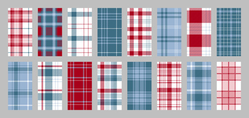 Plaid seamless patterns. Check Christmas backgrounds. Set gingham fabric prints. Tartan shirt cloth. Green red flannel textures. Checkered backdrops. Lumberjack tablecloth. Vector illustration