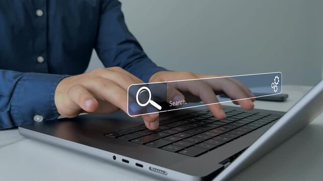 Businessman hands clicking internet search page on touch screen. Searching information on internet. SEO searching. 