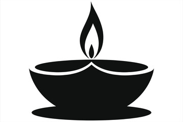 Minimalist diya oil lamp icon. A black and white vector silhouette of a candle flame, representing light, spirituality, yoga, and celebration. Isolated on a white background.