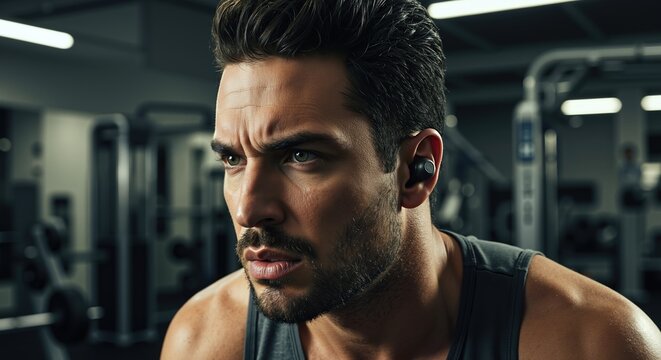 Focused man with wireless earbud during intense gym workout. Muscular athlete concentrating while training for fitness motivation - Powered by Adobe
