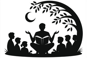 Nighttime storytelling silhouette. A teacher reads to children under a moonlit tree. Folklore, education, and community concept. Vector illustration.