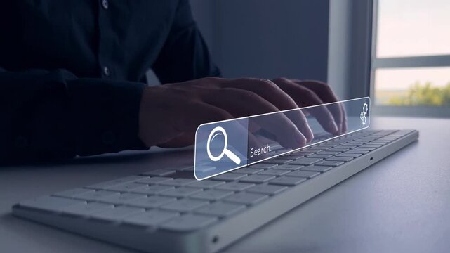 Person clicking internet search page on touch screen. Searching information on internet. Searching the internet helps find information, connect ideas and explore digital knowledge