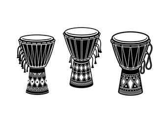 Set of traditional Moroccan drums with Amazigh geometric patterns, black and white vector illustration