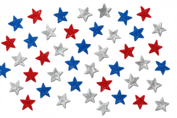 Scattered red, white and blue stars creating a patriotic pattern, celebrating united states holidays on transparent background