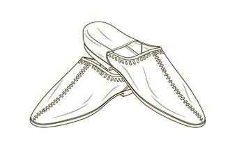 Traditional Moroccan babouches handmade leather slippers, minimalist line art vector illustration