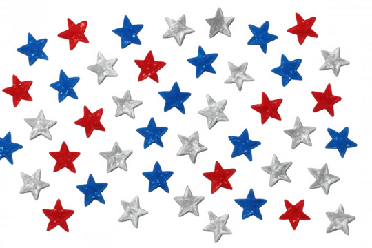 Scattered red, white and blue stars creating a patriotic pattern, celebrating united states holidays on transparent background