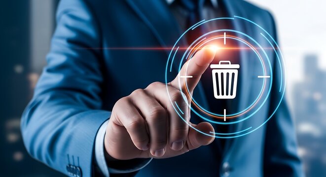 A businessman in a blue suit is depicted touching a digital interface with a trash can icon, symbolizing data deletion, removal of information, or the concept of digital waste management