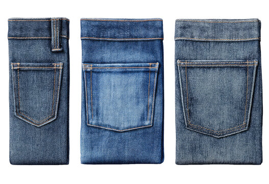 Three pairs of folded denim jeans,  showing back pockets and seams.  Variations in wash and shade