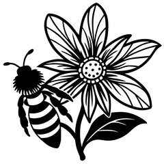 Charming illustration of a busy bee diligently pollinating a vibrant flower set against a clean bright white background perfect for nature and garden themes