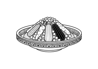 Traditional Moroccan couscous with vegetables, black and white vector illustration