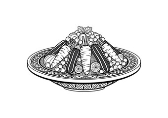 Traditional Moroccan couscous with vegetables, black and white vector illustration