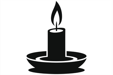 Minimalist black candle stand icon vector on white background – flat silhouette of burning pillar candle in bowl holder, spiritual meditation symbol for romance, spa, memorial or logo design