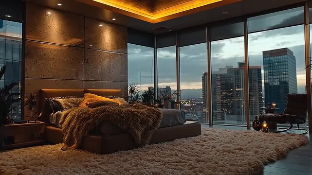 Opulent penthouse master suite showcasing urban vista and plush design elements