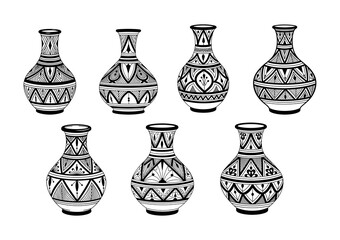 Set of traditional Moroccan decorative vases with geometric Amazigh patterns, black and white vector illustration