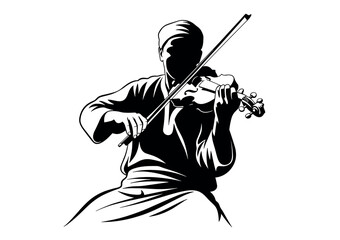 Arabic violinist performing traditional Arabian music, black and white vector silhouette illustration