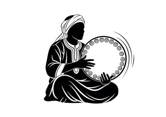 Arabic musician playing bendir drum in traditional style, black and white vector silhouette illustration