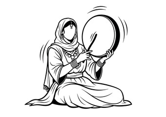 Moroccan woman playing traditional bendir drum in black and white vector illustration