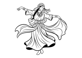Energetic Moroccan Chaabi dancer raising scarf in traditional outfit, black and white vector illustration