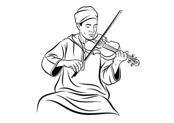 Moroccan traditional musician playing violin in black and white vector illustration