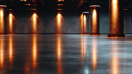 An expansive modern industrial space characterized by polished concrete floors, contrasting dark pillars, and striking ambient lighting that evokes a sophisticated and urban atmosphere.