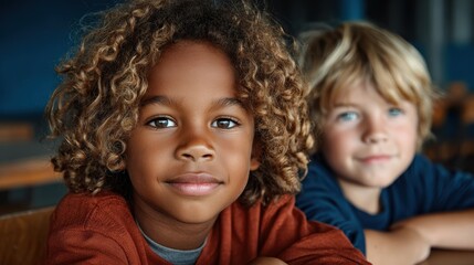 A vibrant portrait featuring two joyful children, one with curly hair and the other with blonde hair, smiling warmly at the camera, encapsulating the essence of friendship and childhood innocence.