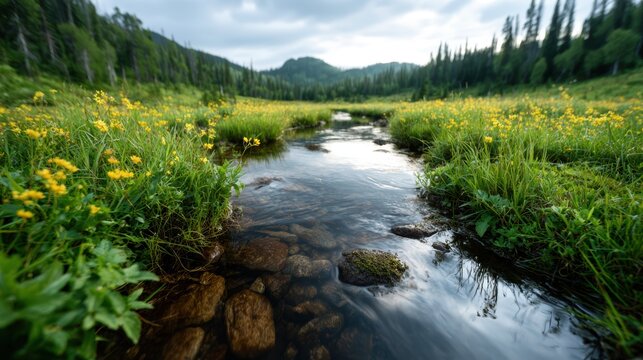A tranquil stream winds through a vibrant meadow filled with yellow flowers, creating a soothing escape into nature and promoting feelings of peace and serenity.