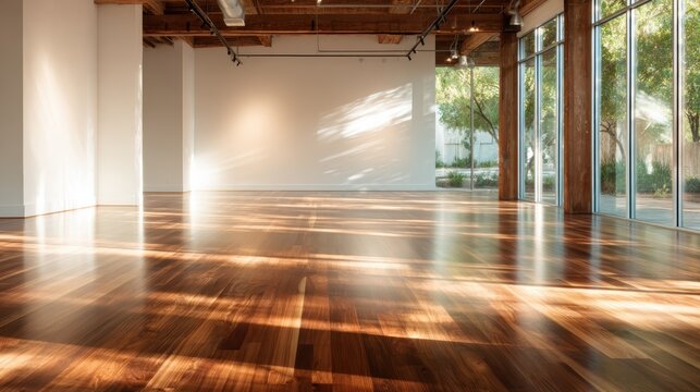 A minimalist art gallery with polished wooden floors and ample natural light creates a serene atmosphere, perfect for showcasing artistic expressions and creative minds.