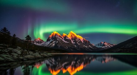 The majestic teton range reflects in the tranquil waters of a lake under the vibrant glow of the aurora borealis, creating a breathtaking scene of natures beauty and wonder