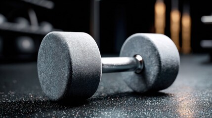 Close up of a heavy dumbbell on a gym floor with soft lighting