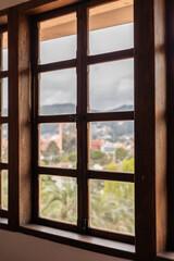 Close-up of a wooden grid window with small square glass panes, showcasing elegant craftsmanship and warm natural tones in vintage architecture.