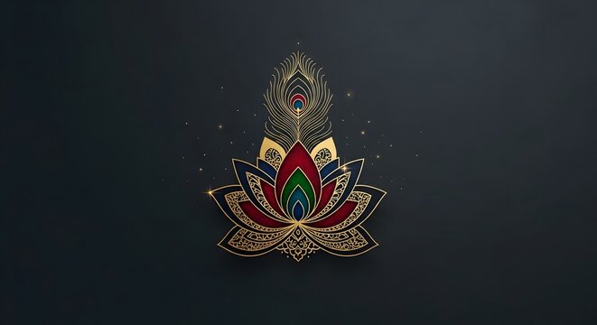Intricate golden lotus flower with colorful petals and sparkling glitter on a dark background