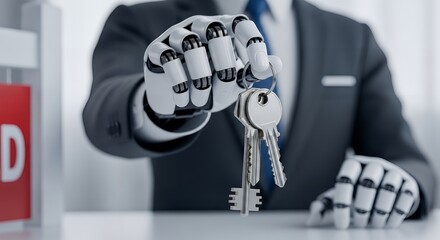  Robot hand holding apartment keys after a completed real estate sale transaction.