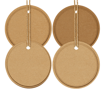 Four blank, circular, kraft paper tags, hanging
