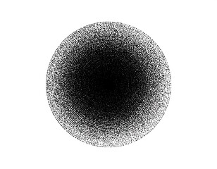 A stark image of a filled circle, comprised of fine, textured lines, transitioning from light to dense black towards the center