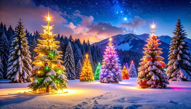 A snow-covered landscape showcases illuminated fir trees aglow with colorful lights under a starlit night sky. Distant mountains stand tall