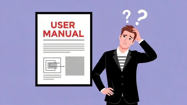 Confused businessman scratching head near user manual with question marks above, illustrating difficulty with instructions or complex information