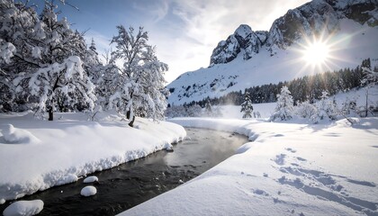 A picturesque winter scene captures a snow-covered landscape. A winding river snakes through the snowy terrain, sunlight glistens. Majestic mountains stand