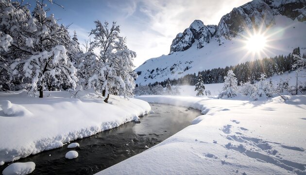 A picturesque winter scene captures a snow-covered landscape. A winding river snakes through the snowy terrain, sunlight glistens. Majestic mountains stand