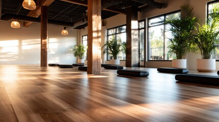 A serene yoga studio with wooden beams and plants, filled with natural light, providing an ideal space for mindfulness practices and enhancing a sense of peace and tranquility.