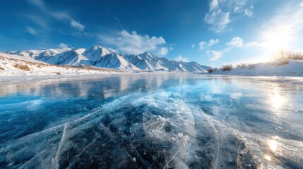 A breathtaking winter landscape featuring a glassy frozen river surrounded by snow-capped mountains, capturing the serene beauty of nature in a pristine, remote location.