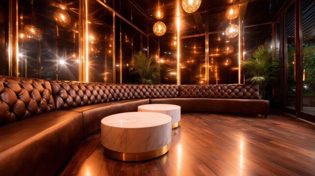 A chic lounge area adorned with luxurious leather seating and sparkling lights presents an inviting atmosphere for relaxation and social engagement in modern design.