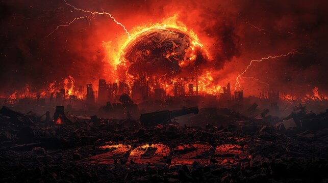 Apocalyptic cityscape engulfed in flames with lightning strikes and fiery sky