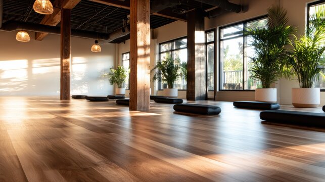 A serene yoga studio with wooden beams and plants, filled with natural light, providing an ideal space for mindfulness practices and enhancing a sense of peace and tranquility. - Powered by Adobe